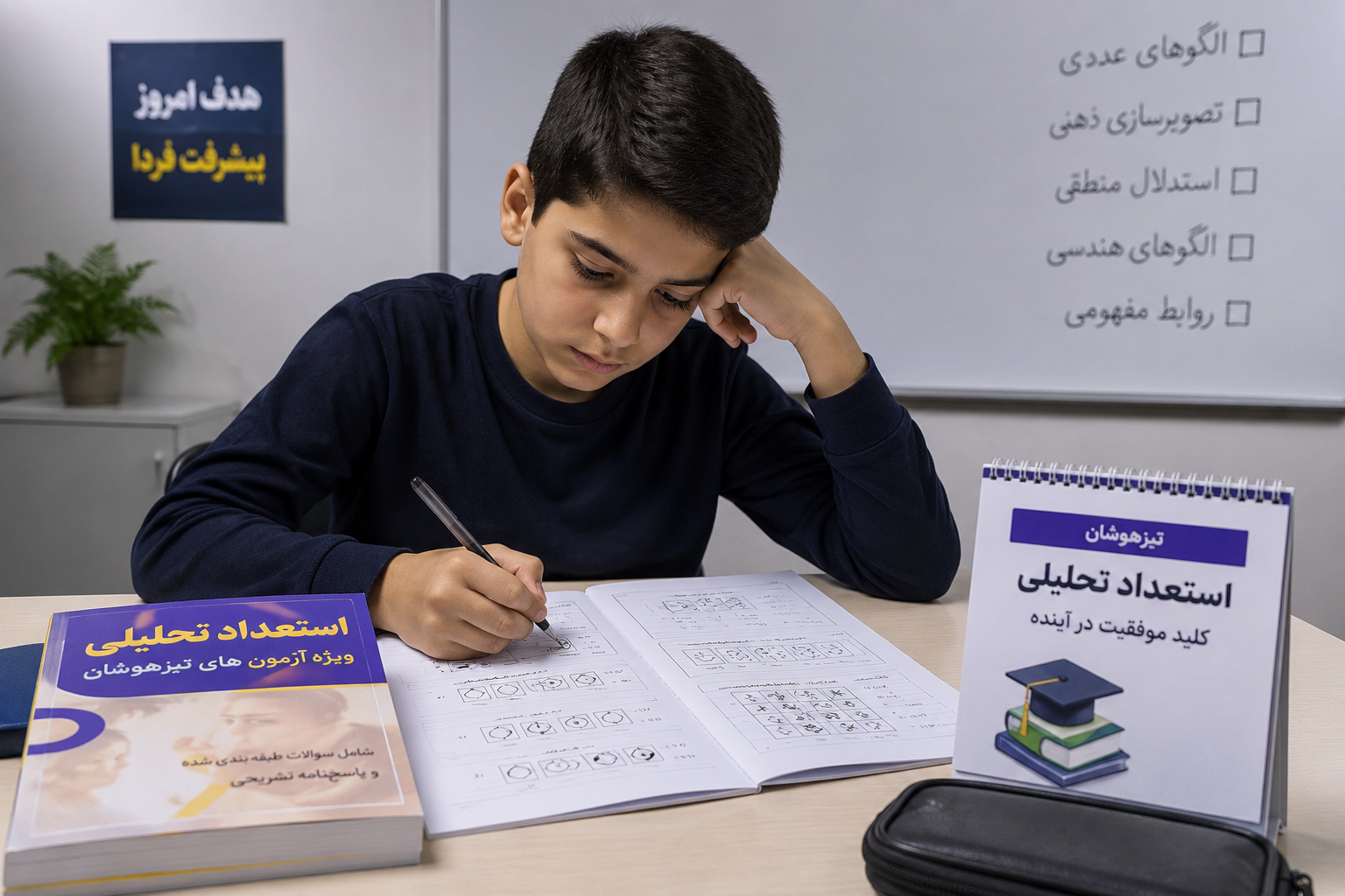 دانش‌آموز در حال حل سوالات استعداد تحلیلی آزمون تیزهوشان