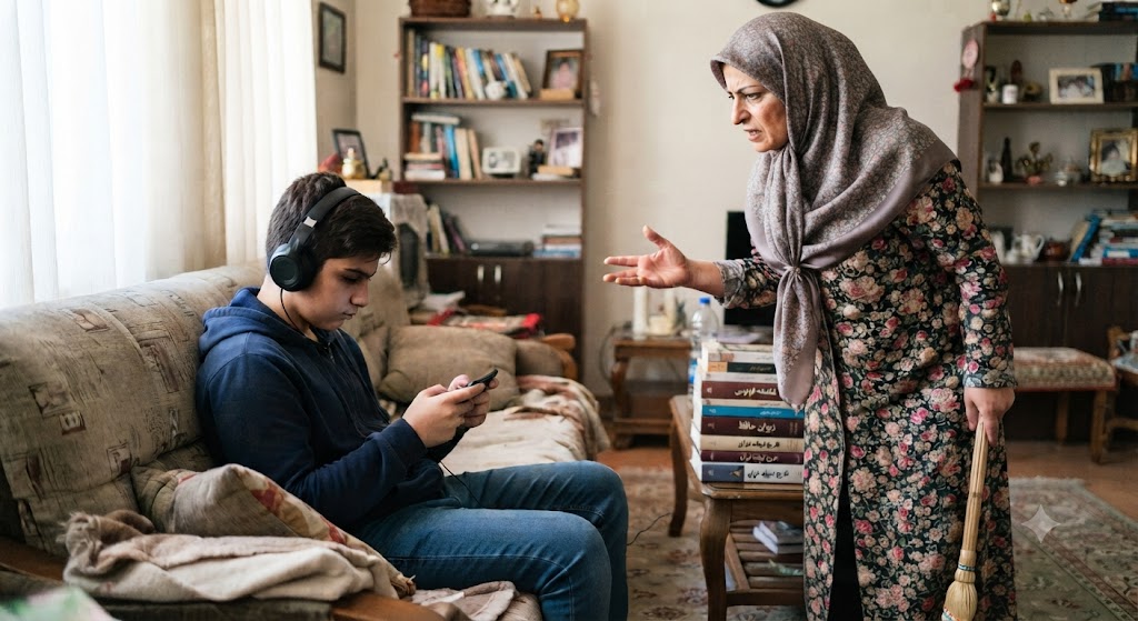.مادر در حال نصیحت پسر بازیگوش 